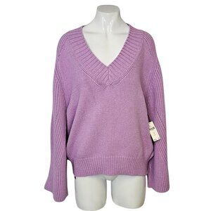 Anthropologie Bell-Sleeve V-Neck Sweater, Purple, Cotton Blend, Knit, Size 1X